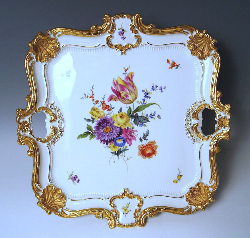 MEISSEN TABLETT MIT HANDHABEN BLUMEN BUKETT GOLD PLATTER WITH HANDLES