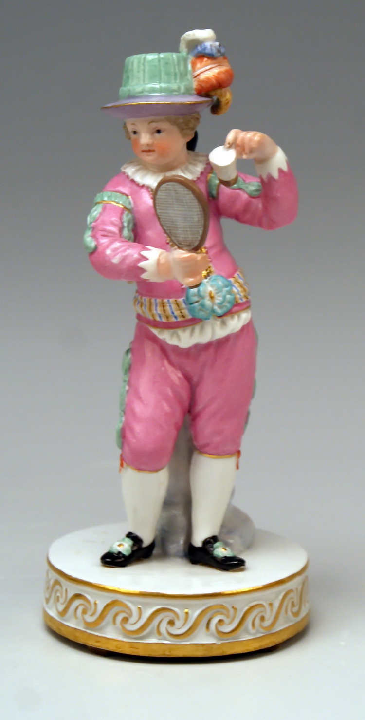 MEISSEN BOY WITH BADMINTON RACKET KNABE MIT FEDERBALLSCHLÄGER BY ACIER VINTAGE MADE CIRCA 1880