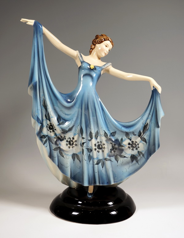 Keramos Figurine Dancer in blue dress Tänzerin im blauen Kleid Stephan Dakon circa 1950