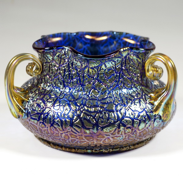 Loetz Witwe Klostermühle Art Nouveau vase 3 handles Cobalt Mimosa ca 1911