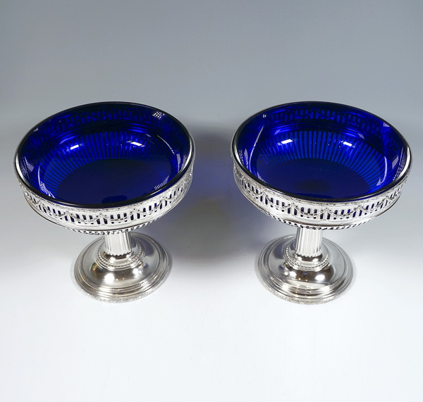 3-Piece Silver Art Nouveau centerpiece with blue glass liners Jardinière & 2 bowls with blue glass inserts Caen & Ach France circa 1905