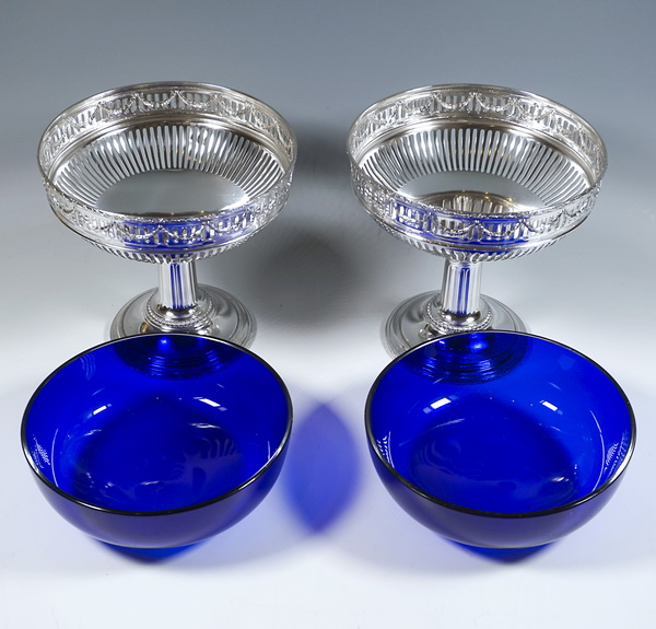 3-Piece Silver Art Nouveau centerpiece with blue glass liners Jardinière & 2 bowls with blue glass inserts Caen & Ach France circa 1905