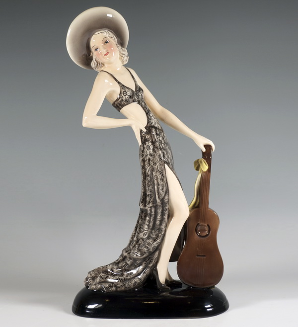 Goldscheider Lady with hat and guitar Dame mit Hut und Gitarre by Stephan Dakon ca 1934