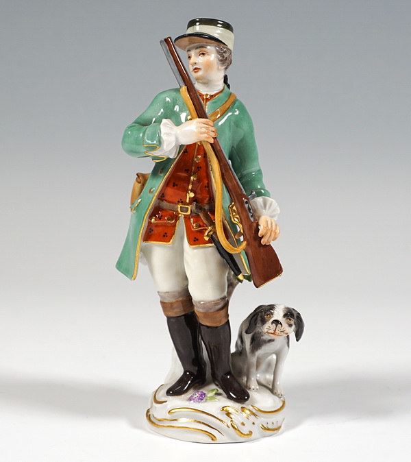 Meissen pair of figures hunter with dog and huntress with dog Jäger und Jägerin mit Hunden 20. Jhdt